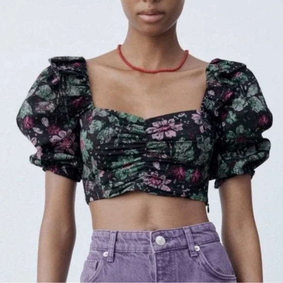 Zara Bustier Top Cropped Floral Smocked Back Puff Sleeve Size Small NWOT - Picture 1 of 10
